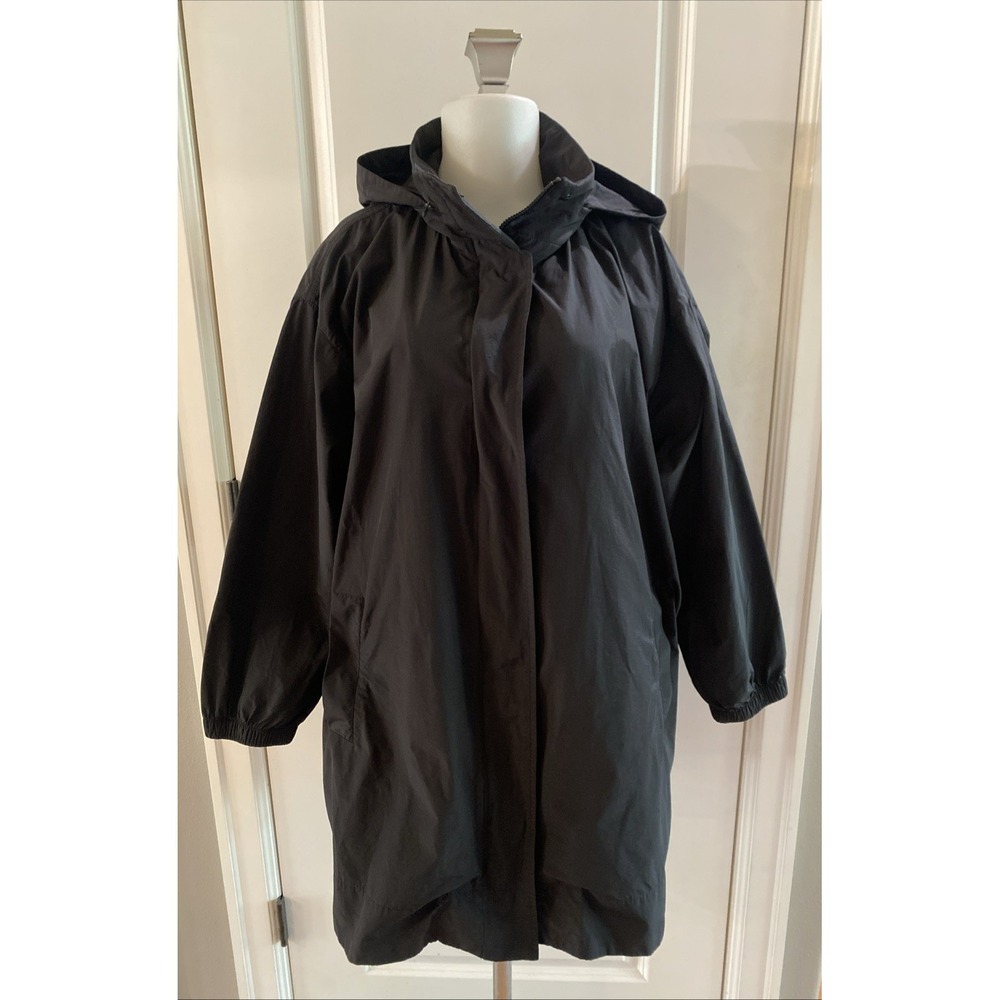 EILEEN FISHER Black Organic Cotton/Nylon Hooded Rain Jacket Raincoat Size Large